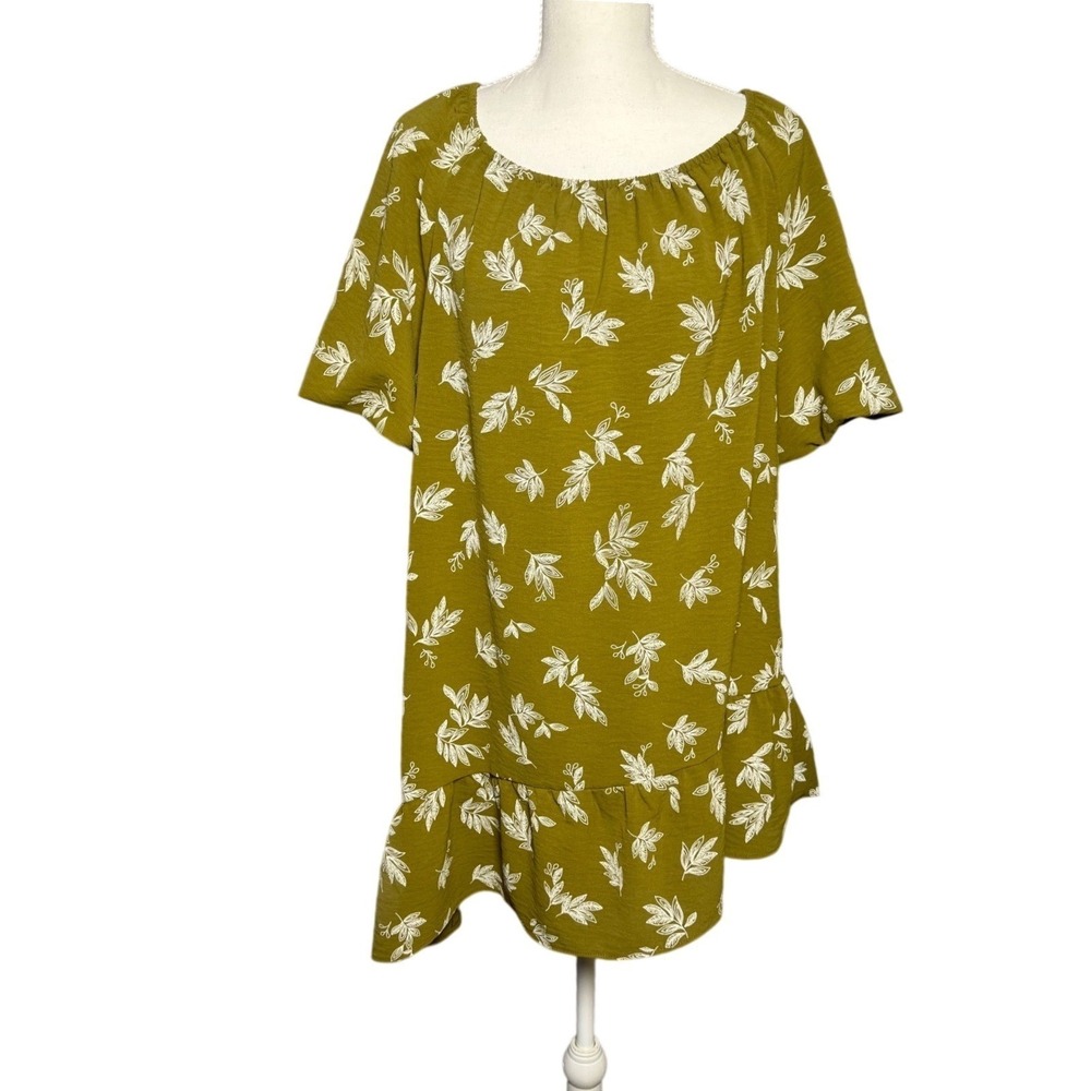 Floral‎ Ruffle Blouse Women XL Olive Green Boho Summer Top